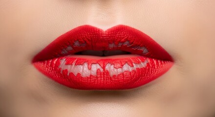 Obraz premium High resolution close-up shot of dry cracked lips with vibrant red lipstick, emphasizing skin texture for a beauty and skincare concept.