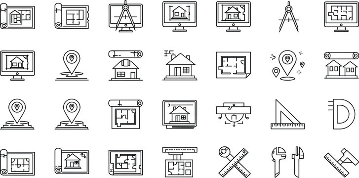 Vector line icons set of architecture blueprints, house plans, construction tools, location markers, engineering design, and real estate project planning items.