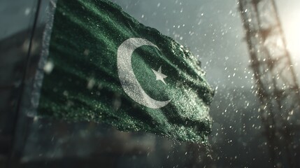 A waving green flag featuring a white crescent and star, symbolizing a nation