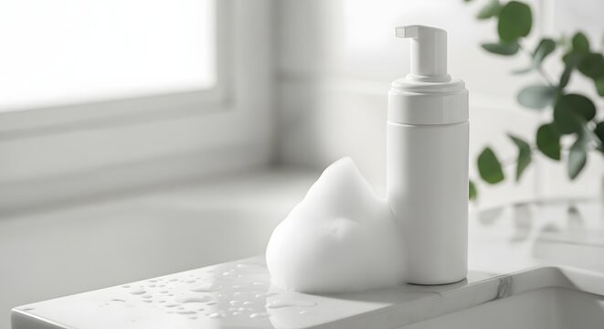 White facial cleansing foam overflowing on a pristine bathroom sink with natural light for a fresh skincare concept