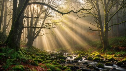 Magical sunlight rays pierce through misty forest canopy, illuminating a serene stream flowing over mossy rocks in a tranquil woodland.