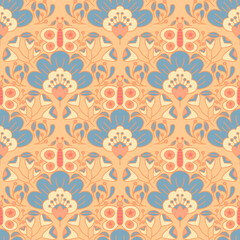 Art Nouveau Seamless Floral Pattern with Yellow Flowers on Blue Background Botanical Folk Art Vector