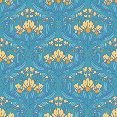 Art Nouveau Seamless Floral Pattern with Yellow Flowers on Blue Background Botanical Folk Art Vector