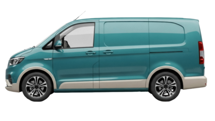 Teal delivery van PNG isolated on transparent background, commercial vehicle for transport and logistics, modern cargo carrier