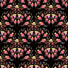 Art Nouveau Seamless Floral Pattern with Yellow Flowers on Blue Background Botanical Folk Art Vector