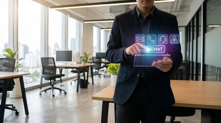 Businessman Interacting with AI Chatbot Interface on Digital Tablet in Modern Office.