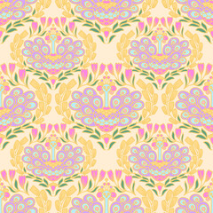 Art Nouveau Seamless Floral Pattern with Yellow Flowers on Blue Background Botanical Folk Art Vector