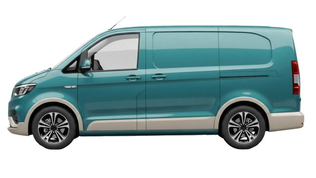 Teal delivery van PNG isolated on transparent background, commercial vehicle for transport and logistics, modern cargo carrier