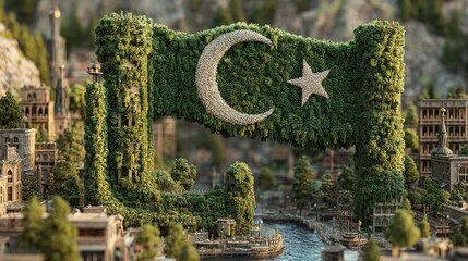 A waving green flag featuring a white crescent and star, symbolizing a nation