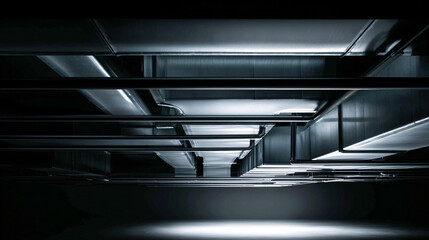 Obraz premium Underground parking garage with metallic pipes and modern infrastructure lighting.
