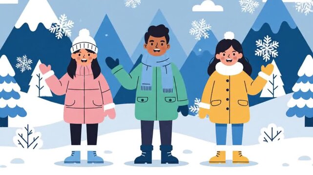 Happy Winter Family Illustration Standing in Snowy Mountains with Warm Jackets Scenic Cold Season Holiday Background