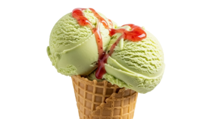 Delicious pistachio ice cream cone with strawberry sauce isolated PNG, refreshing summer dessert on transparent background