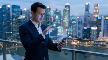 Businessman Interacting with Holographic Interface on a Modern City Rooftop at Dusk.
