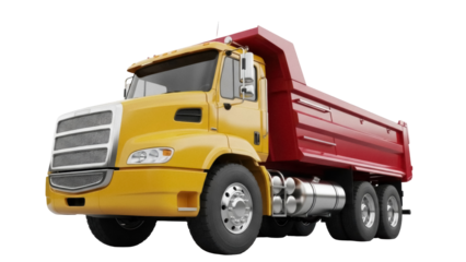 Yellow and red dump truck PNG isolated on transparent background, heavy construction vehicle for transportation and building materials