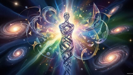Fototapeta premium Abstract cosmic human figure radiating spiritual energy, with a DNA helix and intricate light, set against a vibrant universe of galaxies.