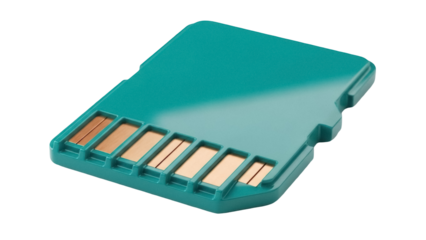 Teal micro SD card isolated PNG on transparent background, memory card for digital cameras and mobile phones, data storage device