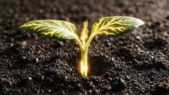 A single glowing seedling emerges from dark soil