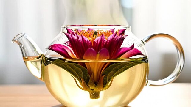A glass teapot with blooming tea flower opening up in hot water, timelapse style, bright and airy background.