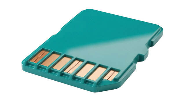 Teal micro SD card isolated PNG on transparent background, memory card for digital cameras and mobile phones, data storage device