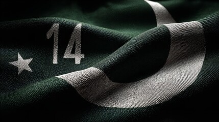 A waving green flag featuring a white crescent and star, symbolizing a nation