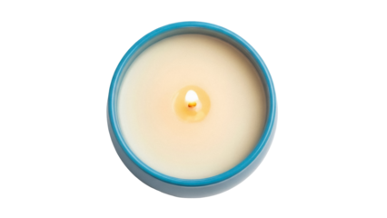Burning candle in blue container isolated PNG, aromatic wax candle for relaxation and home decor on transparent background