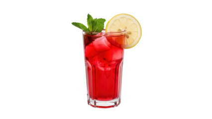 Refreshing red cocktail with lemon and mint isolated PNG, summer drink with ice cubes on transparent background for party and bar menu