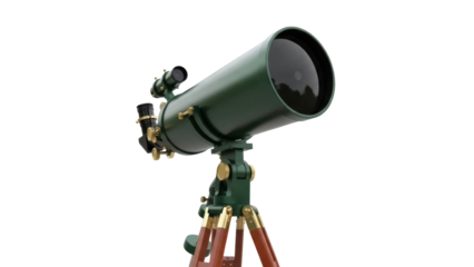 Green and gold telescope isolated PNG on transparent background, vintage astronomical instrument for stargazing and scientific exploration
