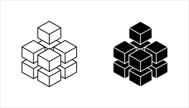 Stacked Cube Blocks Line Icon set. Minimal line icon of stacked cube blocks forming a structured arrangement. Represents construction, modular system, data blocks,