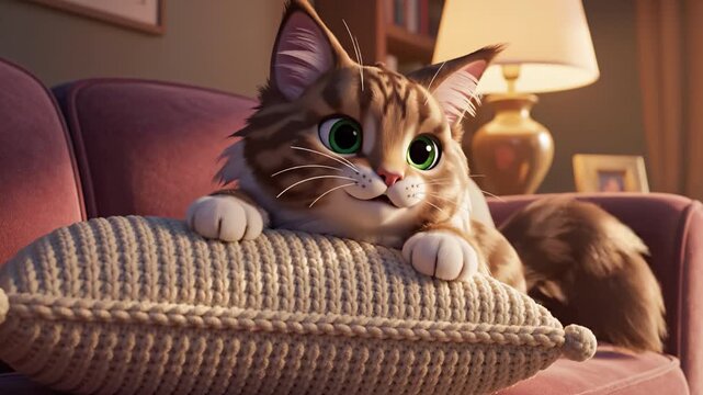 Playful tabby kitten with bright green eye and whisker focus peeking over knitted pillow on cozy sofa in living room with warm lamp glow and curious relaxed expression