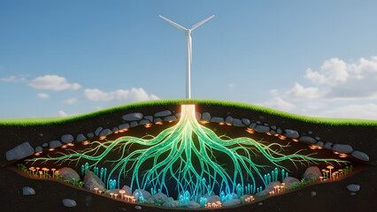 Sustainable energy concept with wind turbine and glowing roots in soil