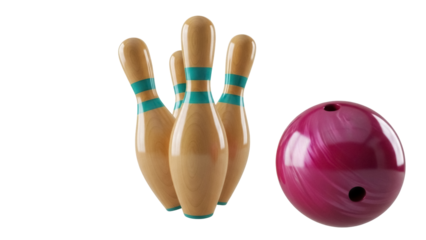 Bowling pins and ball isolated PNG, wooden pins with blue stripes and a purple ball for sports and recreation on transparent background