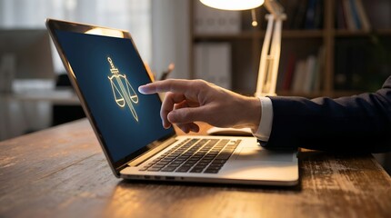 Businessman pointing at a digital scales of justice icon on a laptop screen symbolizing online legal services and digital law.