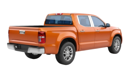 Orange pickup truck PNG isolated on transparent background, modern vehicle for transportation and delivery services
