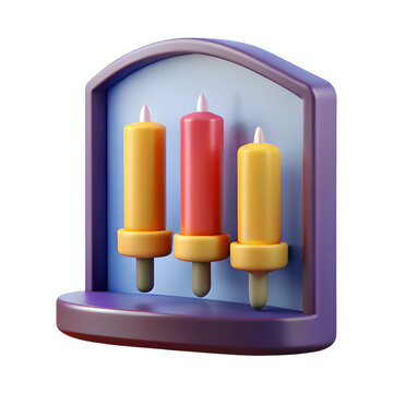 Three colorful candles in a purple frame on white background