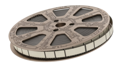 Film reel with circuit board design isolated PNG, vintage movie roll with filmstrip on transparent background, retro cinema equipment