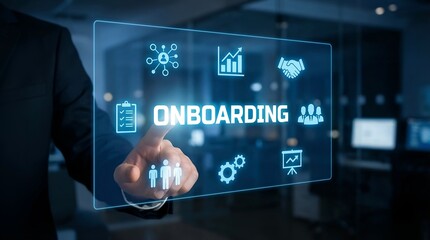 Businessman touching Onboarding on a virtual screen with various icons.