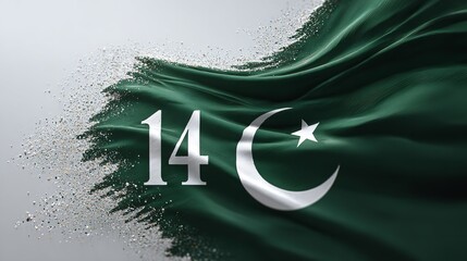 A waving green flag featuring a white crescent and star, symbolizing a nation