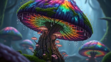 Vibrant fantasy mushroom with a glowing rainbow cap in a mystical, enchanted forest, dripping luminous liquid, whimsical magical landscape