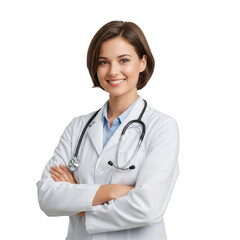 Fototapeta premium Smiling Female Doctor Crosses Arms Confidently on Checkered Background