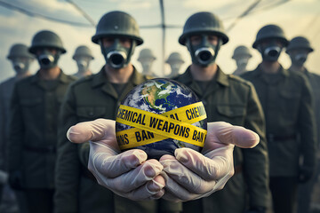 Soldiers in gas masks holding globe with chemical weapons ban tape