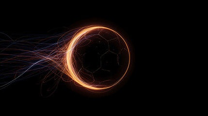 Abstract soccer ball silhouette with glowing light trails and energy motion on black background