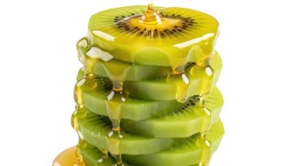 Stack of kiwi slices with honey isolated PNG, healthy fruit dessert on transparent background, sweet topping for food blog and recipe