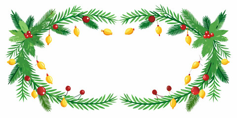 Festive evergreen frame illustration with red berries and yellow string lights, perfect for enhancing winter holiday designs, cards, and seasonal celebrations