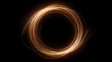 Abstract glowing golden light trails forming a dynamic circular ring on a dark black background