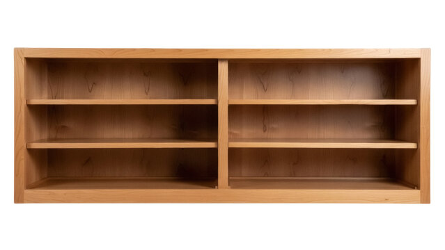 Empty wooden bookcase isolated PNG, light brown shelving unit with three shelves on transparent background, furniture for storage