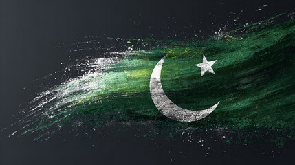 A waving green flag featuring a white crescent and star, symbolizing a nation
