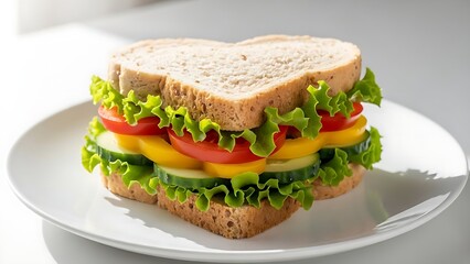 Fresh vegetable sandwich with lettuce tomato cucumber, clean white background, healthy lunch concept, natural light, food stock photography