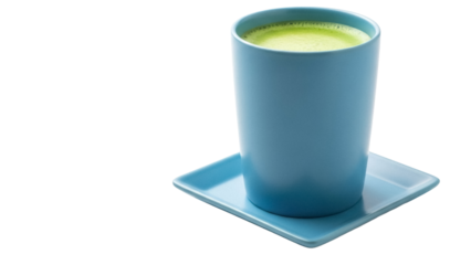 Blue matcha latte in a cup isolated PNG, vibrant green tea drink on a saucer for healthy lifestyle and beverage concepts