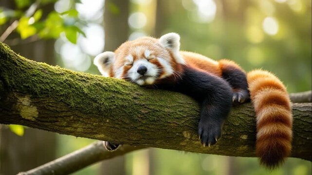 Red panda sleeping on a mossy tree branch in a forest with its tail hanging down, for wildlife and nature themes.