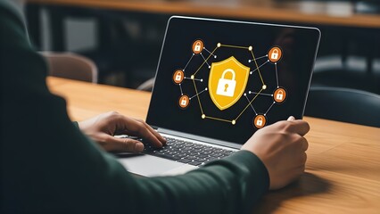 Cybersecurity Concept Laptop Displaying Shield with Padlock Icon and Network Connections.
